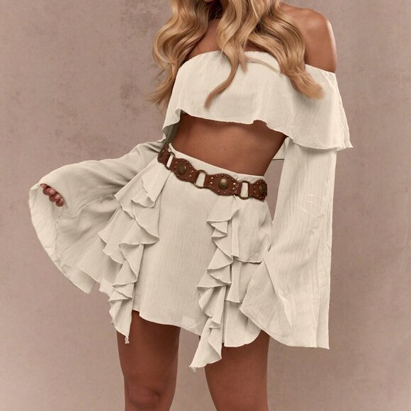 Tops - Apricot Boho Women's Flared Long Sleeves Ruffle Detail Bardot Crop Top